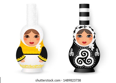 Two cute matryoshka (russian traditional dolls) in breton bigouden style, vector illustration isolated on white background