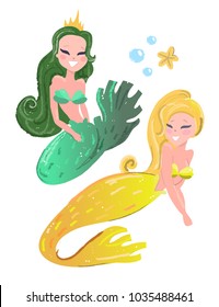 Two cute mermaids. Hand drawn colored vector illustration. Every mermaid is isolated