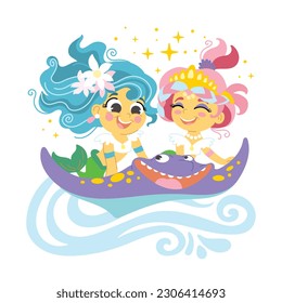 Dos sirenas lindas montadas en la parte de atrás de una canica. Ilustración de dibujos animados de estilo plano aislados en un fondo blanco. Para impresión, diseño, afiche, pegatina, tarjeta, decoración y diseño de camisetas