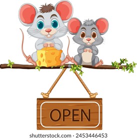 Two cute mice with cheese on an open sign