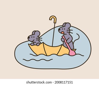 Two cute mice are crossing a puddle in an umbrella boat. Cute animal characters. Outline simple vector illustration.