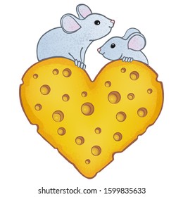 Two cute mice dating on a big cheese heart. Vector cartoon illustration, isolated on white background.