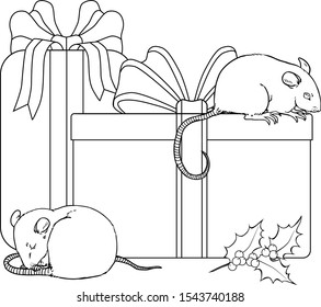 Two cute mice with gifts and Christmas mistletoe. Mouse, Rat horoscope sign. Vector outline illustration drawings on a white background. Page for coloring book