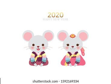 Two cute mice in Korean traditional clothes.Korean Traditional Happy New Year Day. 