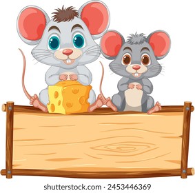 Two cute mice sharing cheese on a wooden sign.