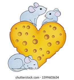 Two cute mice sitting on a big cheese heart look at each other, the third mouse sleeps nearby. Vector cartoon illustration, isolated on white background.