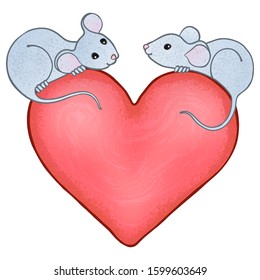Two cute mice sitting on a big pink heart are interested in each other. Vector cartoon illustration, isolated on white background.