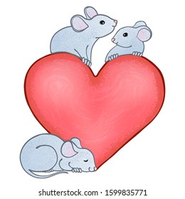 Two cute mice sitting on a big pink heart look at each other, the third mouse sleeps nearby. Vector cartoon illustration, isolated on white background.