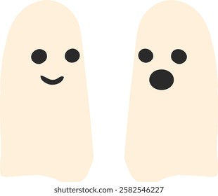 Two cute minimalist playful ghost characters with contrasting expressions, one smiling sweetly, the other surprised or scared with open mouth. Simple isolated beige shapes.
