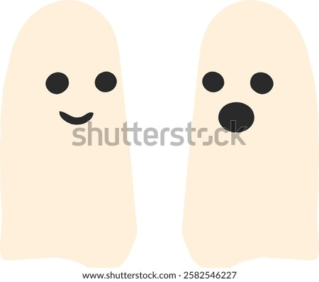 Two cute minimalist playful ghost characters with contrasting expressions, one smiling sweetly, the other surprised or scared with open mouth. Simple isolated beige shapes.
