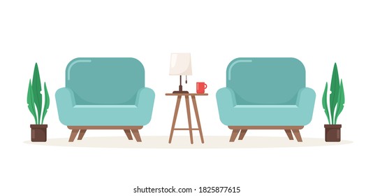 Two cute modern armchairs with a table and a lamp. Vector illustration in flat cartoon style.