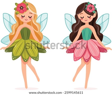 Two cute and modest forest sister fairy with wings in a flower dress on white background. Poster, Banner, Flyer, Greeting Card. Vector illustration in flat cartoon style