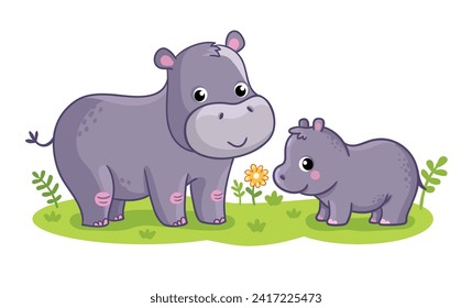 Two cute mom and baby hippo. Vector illustration in  cartoon style.
