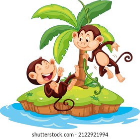 Two cute monkeys cartoon character on isolated island illustration