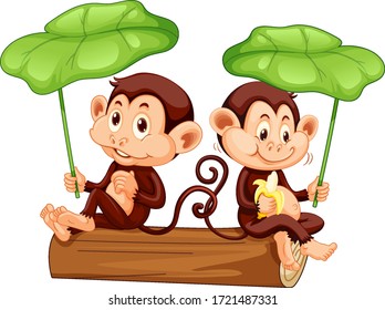 Two cute monkeys on the log with green leaves illustration