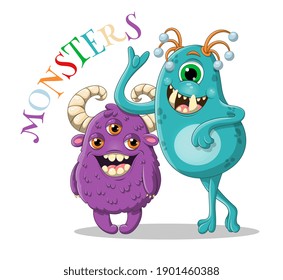 Two cute monsters isolated on white background are smiling and waving to children. Vector illustration design for fashion fabrics, textile graphics, prints.