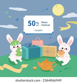Two cute moon rabbits are sitting on a calm mountain under the soft light of the full moon. Nearby, there are tasty mooncakes and a pot of fragrant tea. Don't miss out on festive shopping discounts!