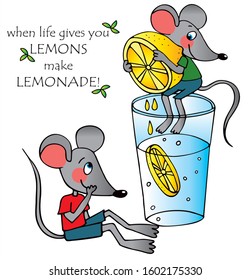 Two cute mouse, a glass of water and a big lemon. Colored vector for card or gift. 