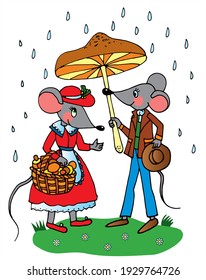 Dos lindos ratones se están escondiendo de la lluvia. Pareja retro, amor. Vector de color para tarjeta o regalo. 
