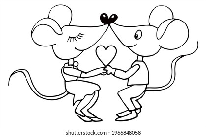 Two cute mouse in love with a heart between them. Black and white vector for coloring, for card or gift. 
