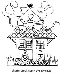 Dos lindos ratones enamorados en el techo de una casa vintage. Vector blanco y negro para colorear, para tarjeta o regalo. 