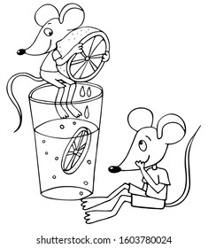 Two cute mouse are making lemonade. Black and white vector for card or gift, for coloring.