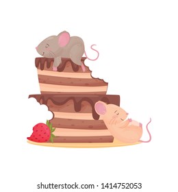 Two cute mouse overeat chocolate cake with strawberries. Vector illustration on white background.