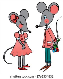 Two cute mouse in a romance. Boy and girl in love. Colored vector for card or gift.