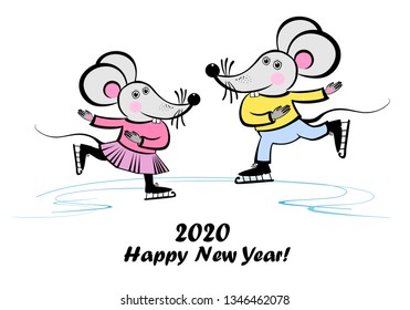 Two cute Mouses at ice skating. Christmas card. Concept image of symbol chinese happy new year 2020. Wild rat. Freehand drawn silhouette small mouse. Lunar horoscope sign. Guy and Girl. Vector