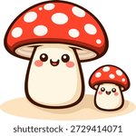 Two cute mushrooms with red caps and white spots, one larger and one smaller. Both mushrooms have friendly, expressive faces, giving them an adorable look, perfect for whimsical designs