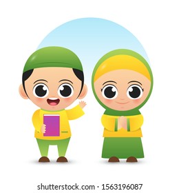 two cute muslim child wear muslim outfit illustration