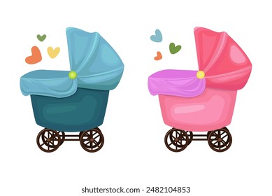 Two cute newborn pink and blue strollers for a boy and a girl. Baby shower. Hand drawn vector illustration