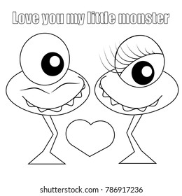 Two Cute One Eyed Black and White Monsters in Love Coloring Book isolated on white background Valentine's Day