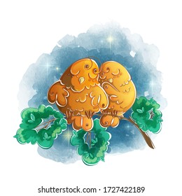 Two cute orange birds sleep in an embrace on a tree branch. Vector doodle character hand drawing on a watercolor background.