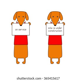 Two cute orange colored brown contoured dachshunds in red sweaters standing on hind legs with dissolved forelegs, holding plates in paws with lettering on service and site is under construction