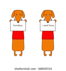 Two cute orange colored brown contoured dachshund in red sweaters with white collars standing on hind legs with dissolved forelegs, holding plates with lettering. Flat style illustration