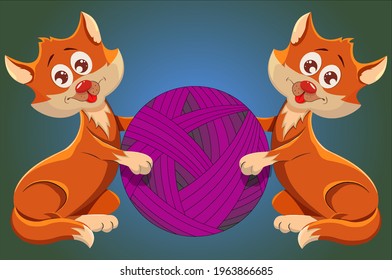 Two cute orange kittens with red tongues holding a large pink ball of thread on a dark blue background