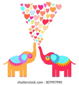 Two cute orange and red elephants with pink lilac blue orange heart on white background. Original invitation, greeting Valentine's Day, wedding card. Romantic illustration cartoon style. Vector