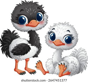Two cute ostrich chicks with big eyes and feathers