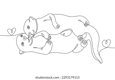 Two cute otters lie side by side. Family couple of animals. Cute illustration with love. World Otter Day. One line drawing for different uses. Vector illustration.