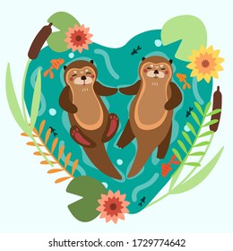 Two cute otters in love swimming and sleeping on the water surface with lilies and fishes. Cute flat vector illustration.