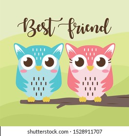 Two Cute Owl Best Friend on tree design with green background, good for icon, mascot, card, banner, poster, print and other uses