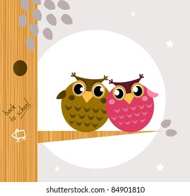 Two cute owl friends sitting on the branch Owl family, tree, moon in background. Vector cartoon Illustration