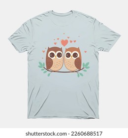 two Cute Owl illustration with love hearts, t shirt template for valentines day.