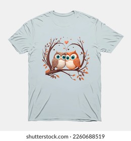 two Cute Owl in love with love heart, t shirt template for valentines day, illustration.