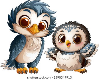 Two cute owls with big eyes and feathers