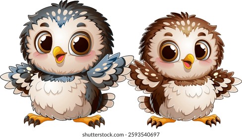 Two cute owls with big eyes and feathers