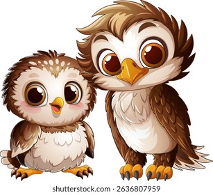 Two cute owls with big eyes and feathers