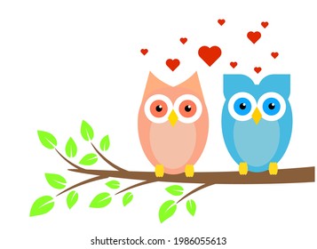 Two Cute Owls Boy and Girl in Love on Tree