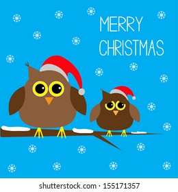 Two cute owls. Christmas hats. Snowflakes. Merry Christmas. Card. Vector illustration.